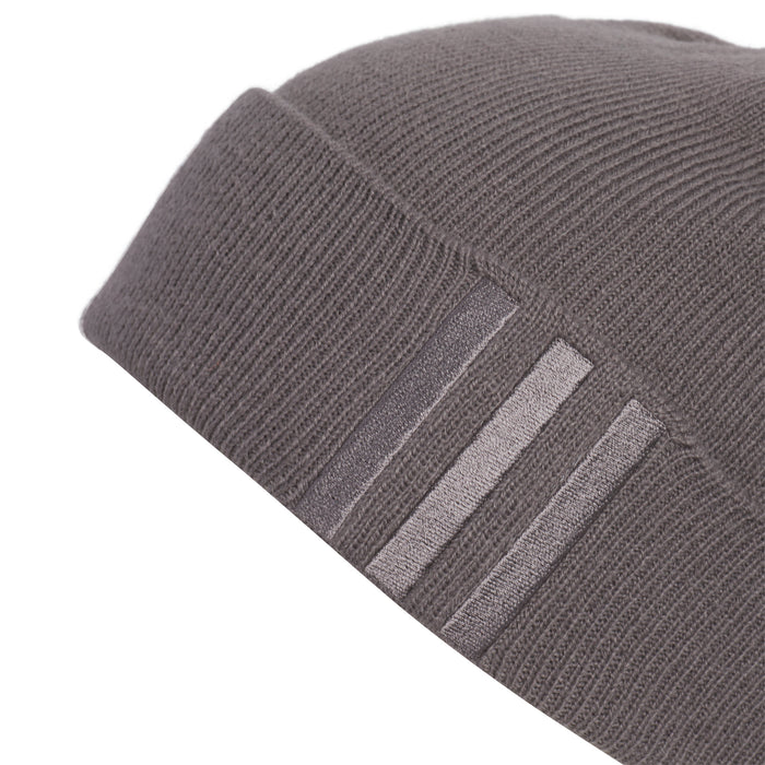 Grey knit beanie with folded cuff and three-tone vertical stripe detail