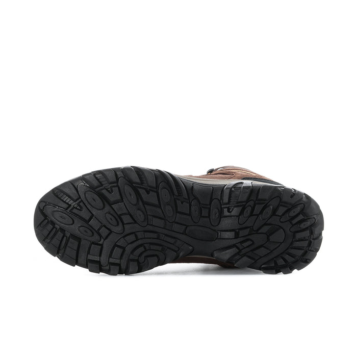Outsole view of men’s brown hiking boots with textured traction rubber tread