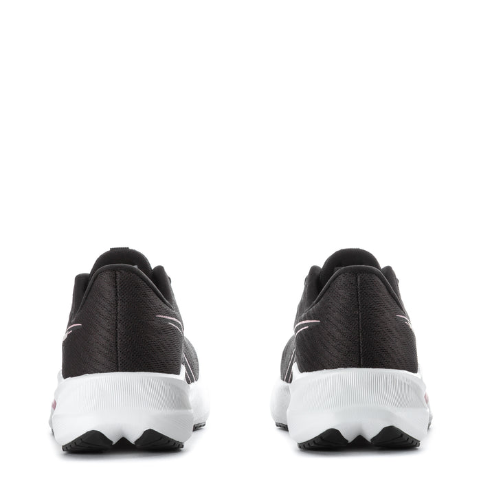 Women's black running shoes, heel view with pink accent and white sole