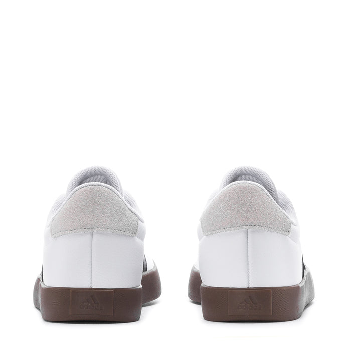 Youth adidas sneakers, rear view: white uppers with gum heel and lace collar