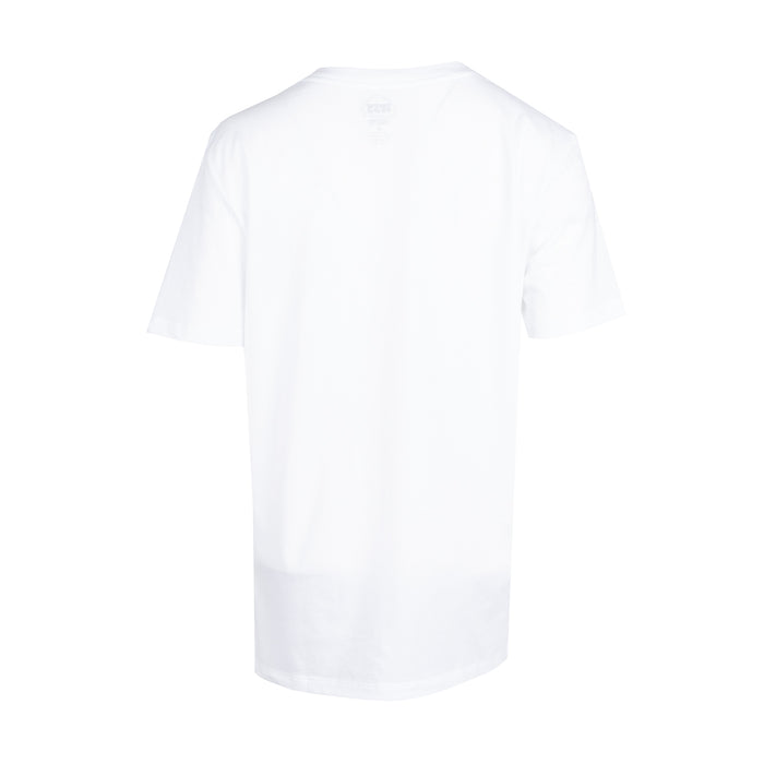 Women's white V-neck tee shirt, short sleeves, back view