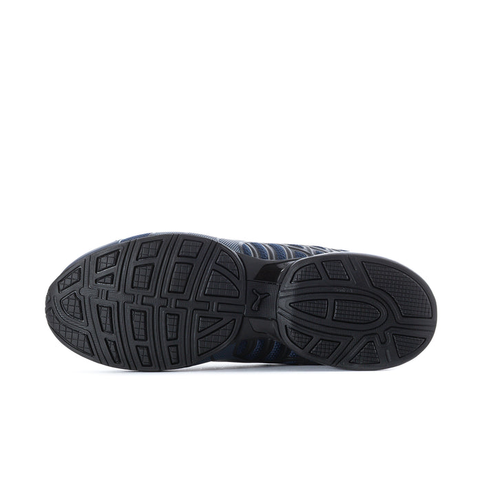 Navy and black sneaker outsole with patterned traction tread and PUMA logo