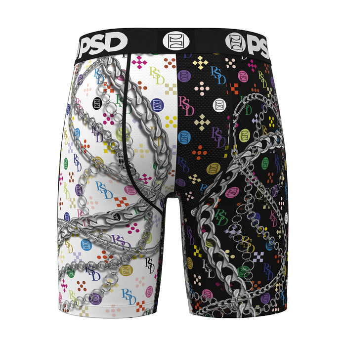 Men's graphic boxer briefs, left light panel and right dark panel with chain icons, PSD waistband