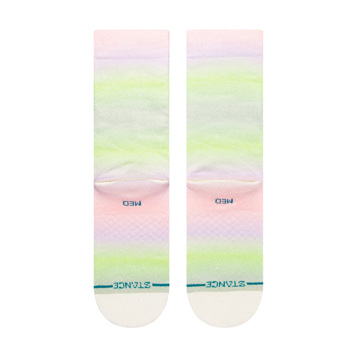 Women's pastel ombre crew socks with printed lettering at ankle and teal heel stripe
