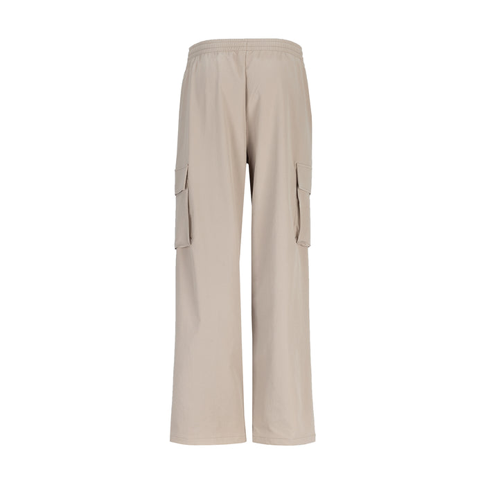 Light mocha woven cargo pants, back view with cargo flap pockets and wide legs.