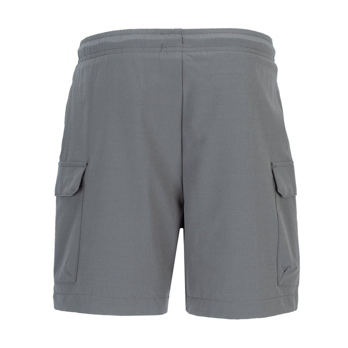 Youth woven cargo shorts back view in grey, cargo pockets on both sides