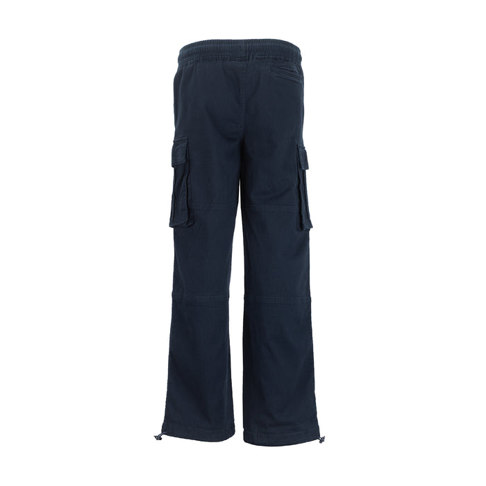 Youth navy woven utility pants with back cargo pockets, elastic waist, drawstring hem