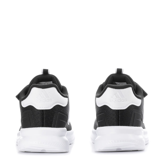 Kids adidas sneakers back view, black with white heel patch and cushioned sole