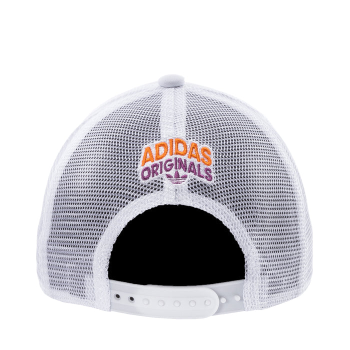 White youth mesh trucker cap with Adidas Originals logo on back and snap strap