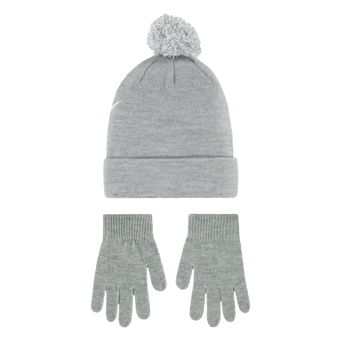 Youth grey heather pom beanie with white logo, paired with grey knit gloves