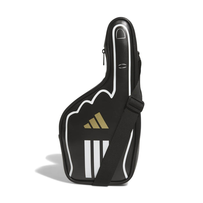 Black crossbody finger bag with white trim and gold logo detail