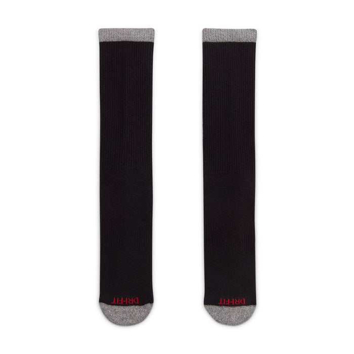 Black crew socks with gray ribbed cuffs and gray heel/toe accents