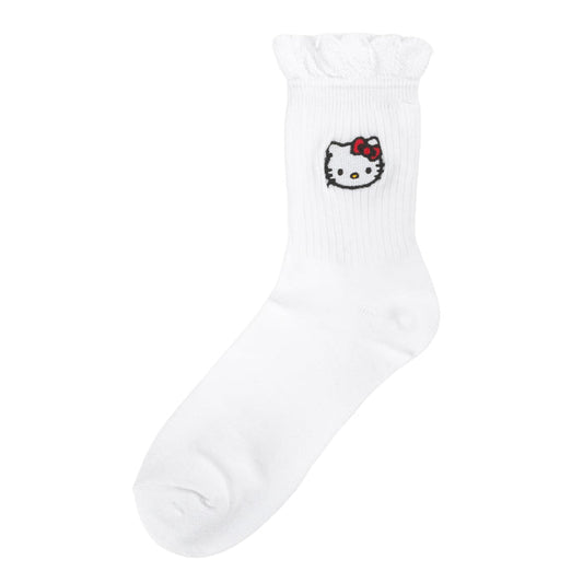Adult white mid-crew socks with Hello Kitty face graphic on ankle