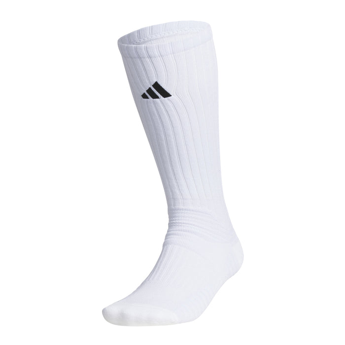 White crew slouch socks with black adidas logo on side