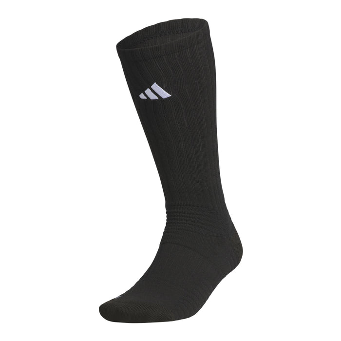 Black slouch crew sock with ribbed knit and three white stripes logo