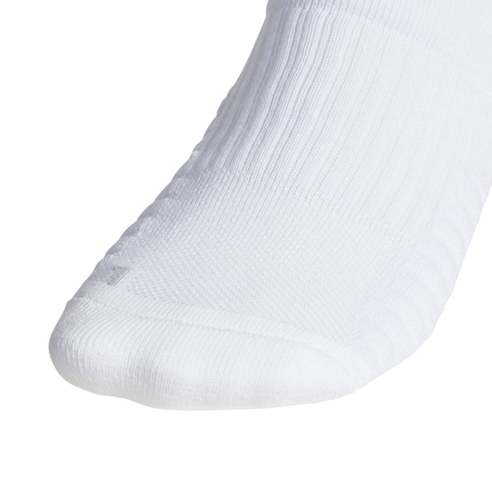 White crew sock with ribbed knit texture and cushioned toe