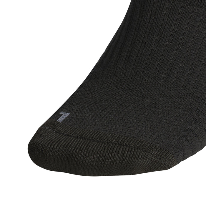 Black slouch crew sock, reinforced toe and three white stripes logo