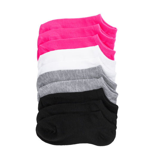 10-pack no-show socks, pink, white, grey, and black, medium height with cushioned heel