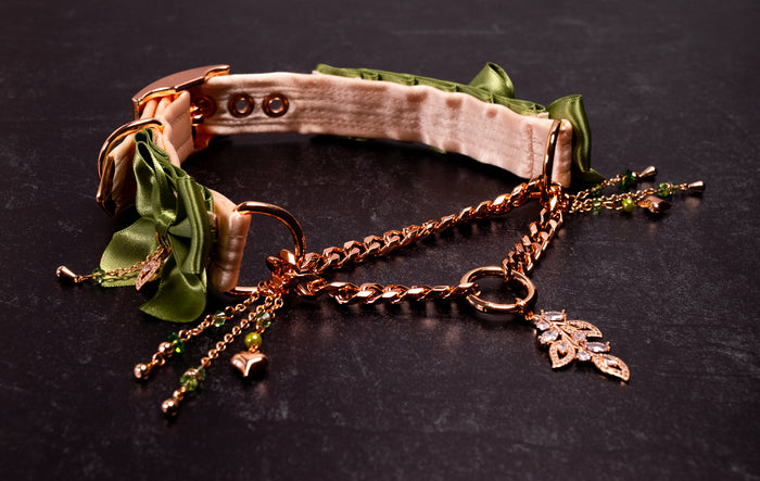 12.5" - 14.5" - "Verdant Fae" - Sage Green & Rose Gold Luxury Martingale Collar