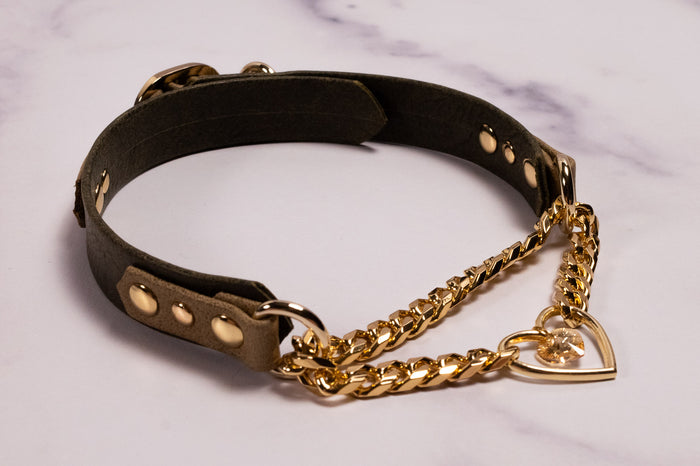 12.5" - 15" Gold & Olive Bark Leather Crystal Heart Martingale Collar _ LIMITED _
