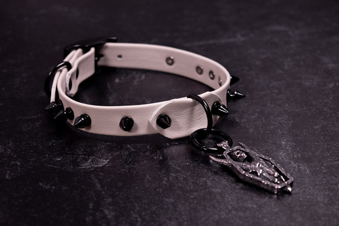 12.5" - 15" Spiked Matte Black & Mushroom Leather Collar _ LIMITED _