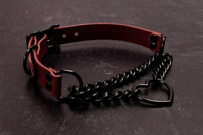 12.5" - 15" Wine Leather & Matte Black Heart Martingale Collar _ LIMITED _