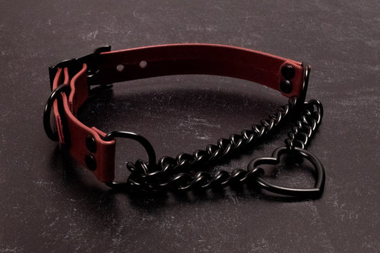 12.5" - 15" Wine Leather & Matte Black Heart Martingale Collar _ LIMITED _