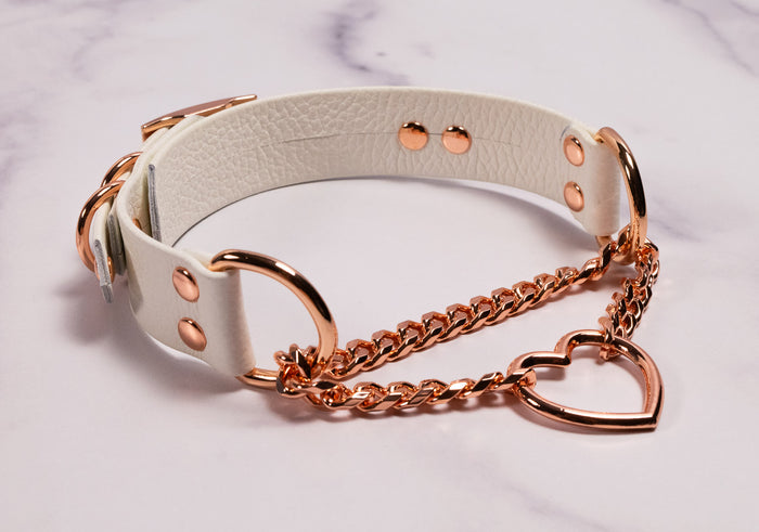 12.5" - 15.5" Rose Gold & White Leather Heart Martingale Collar _ LIMITED _
