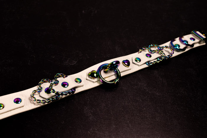 12.5" - 15.5" White & Rainbow Heart Collar _ LIMITED _
