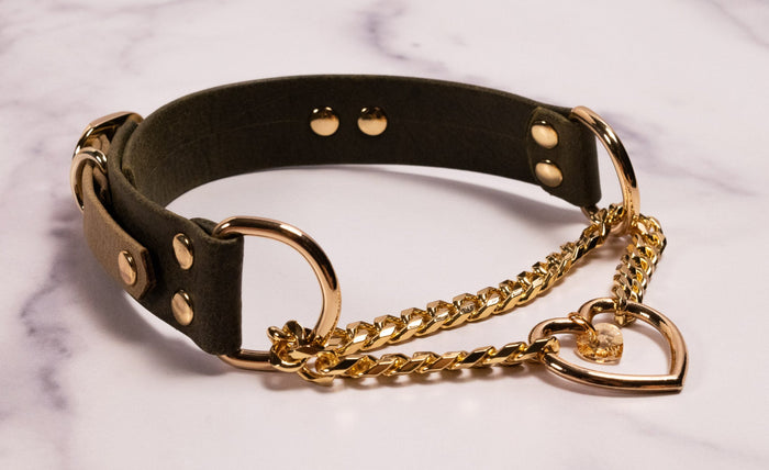 13" - 16" Gold & Olive Bark Leather Crystal Heart Martingale Collar _ LIMITED _