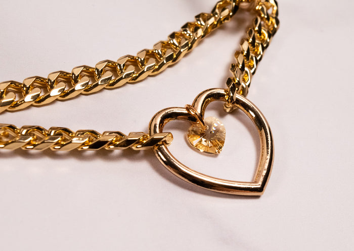 13" - 16" Gold & Olive Bark Leather Crystal Heart Martingale Collar _ LIMITED _