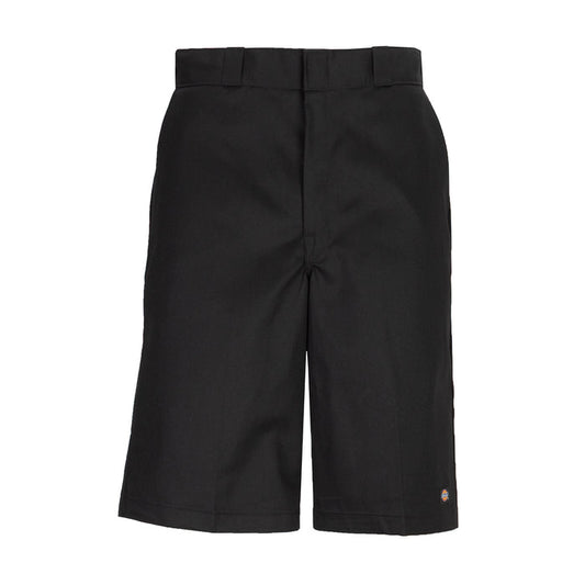 Men's black loose 13-inch shorts, flat front with belt loops and side pockets