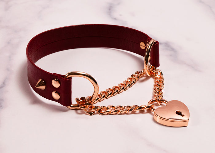 13" Rose Gold & Cherry Leather Heart Locking Martingale Collar _ LIMITED _