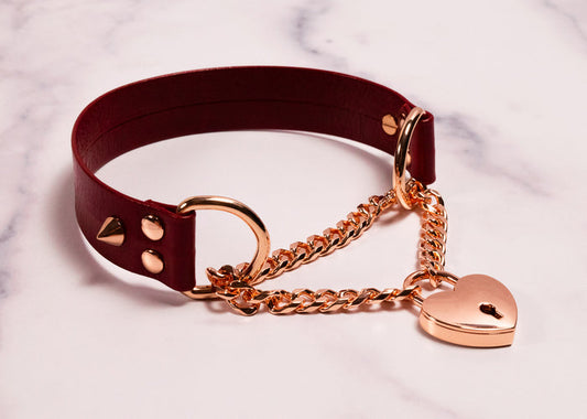 13" Rose Gold & Cherry Leather Heart Locking Martingale Collar _ LIMITED _