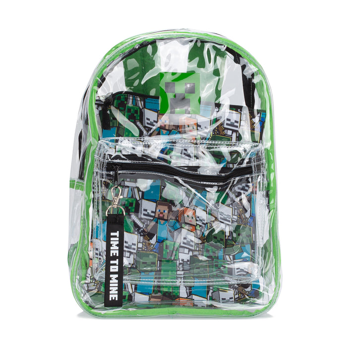Clear mini backpack pouch with Minecraft-style print, front zipper and green trim