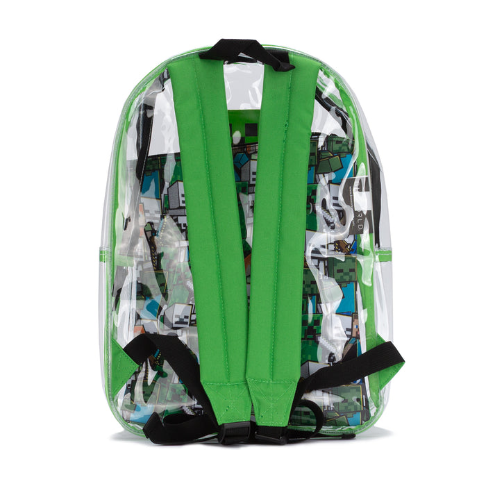 Clear mini backpack pouch set with green straps and black buckles, Minecraft-style print
