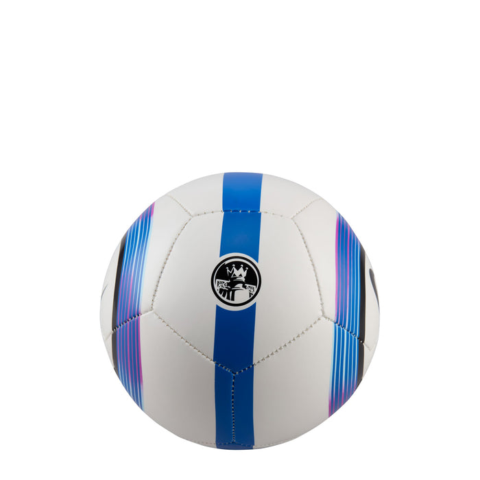 Mini soccer ball, white with blue vertical stripes and center crest