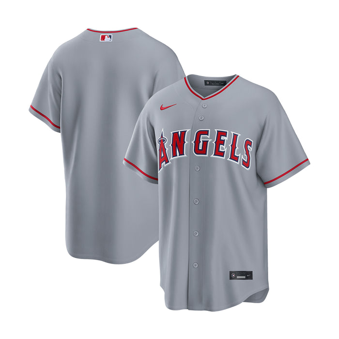 Men's gray baseball jersey set, front with Angels logo, button placket and red trim