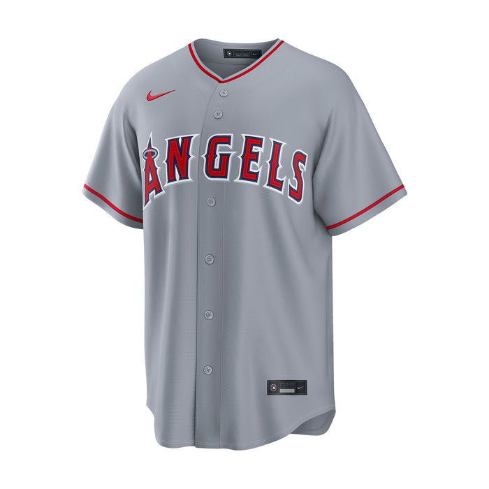 Men's gray Angels baseball jersey, V-neck, red piping, button placket