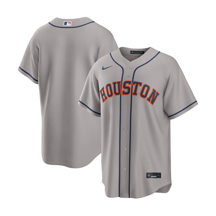Men's grey Astros replica baseball jersey with Houston lettering and button placket
