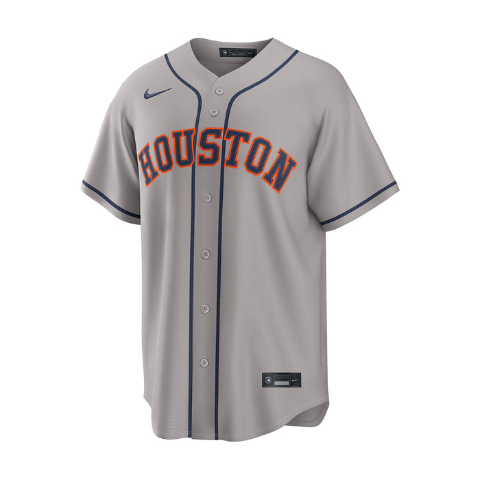 Men's grey Astros replica baseball jersey with Houston logo and Nike swoosh