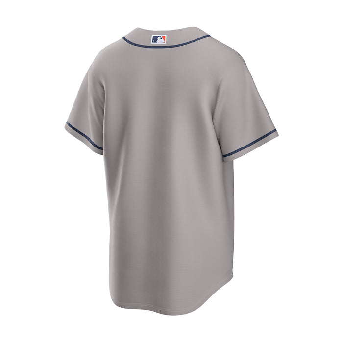 Men's grey Astros replica baseball jersey, back view with blue-trim collar