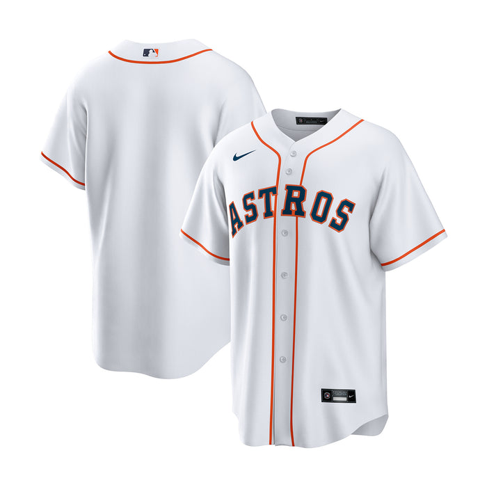 Men's Astros replica home jersey in white with orange piping and button front