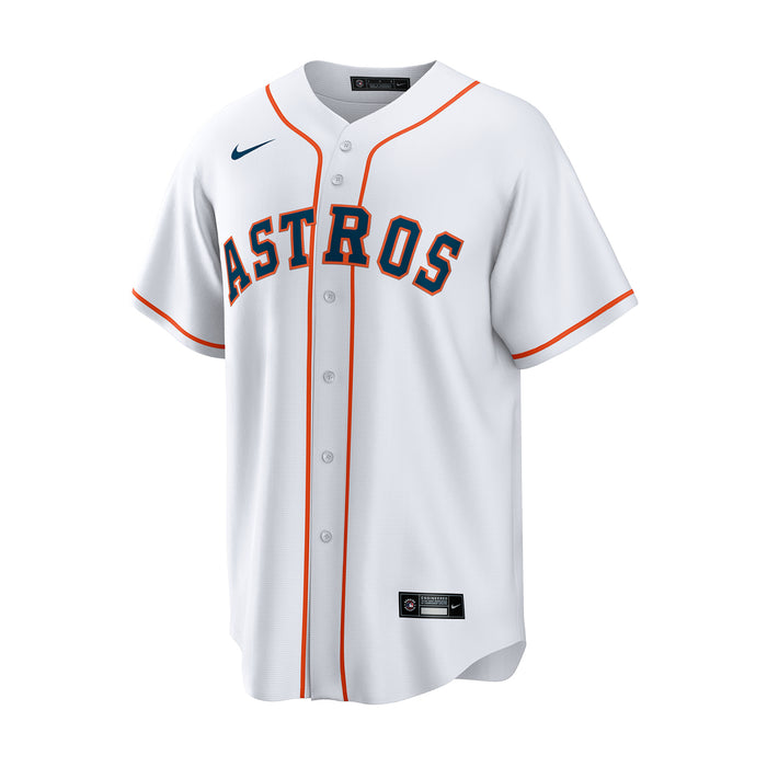 Men's Astros replica home jersey, white with orange trim, Nike swoosh and sleeve logo