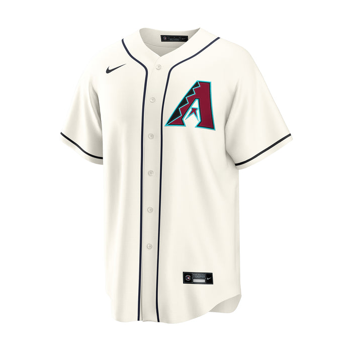 Men's light sail replica home baseball jersey with crest logo, button front, and dark piping.