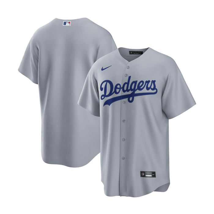 Men's grey baseball jersey with Dodgers logo, Nike swoosh, and button placket.