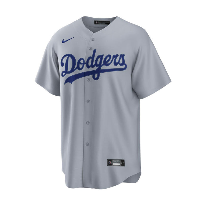 Men's grey baseball jersey with Dodgers wordmark, Nike swoosh, and button front.