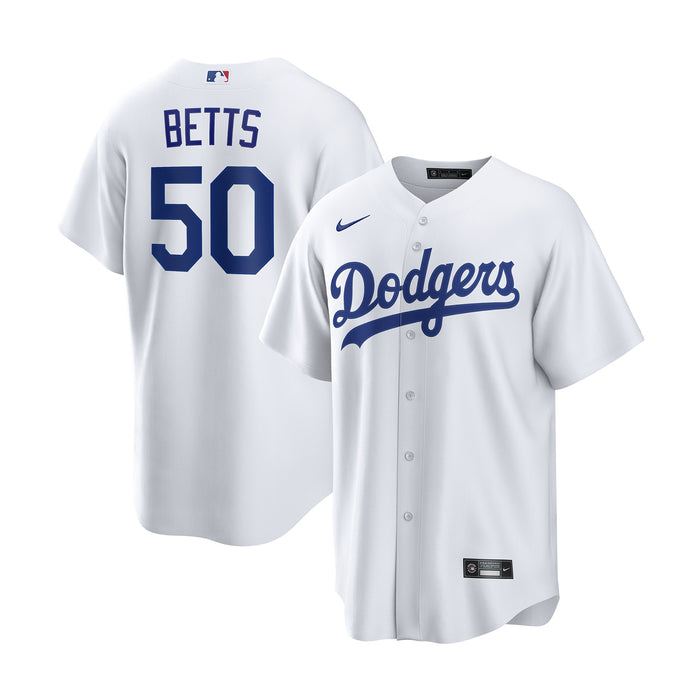 Men's white baseball jerseys, front Dodgers script, back BETTS 50