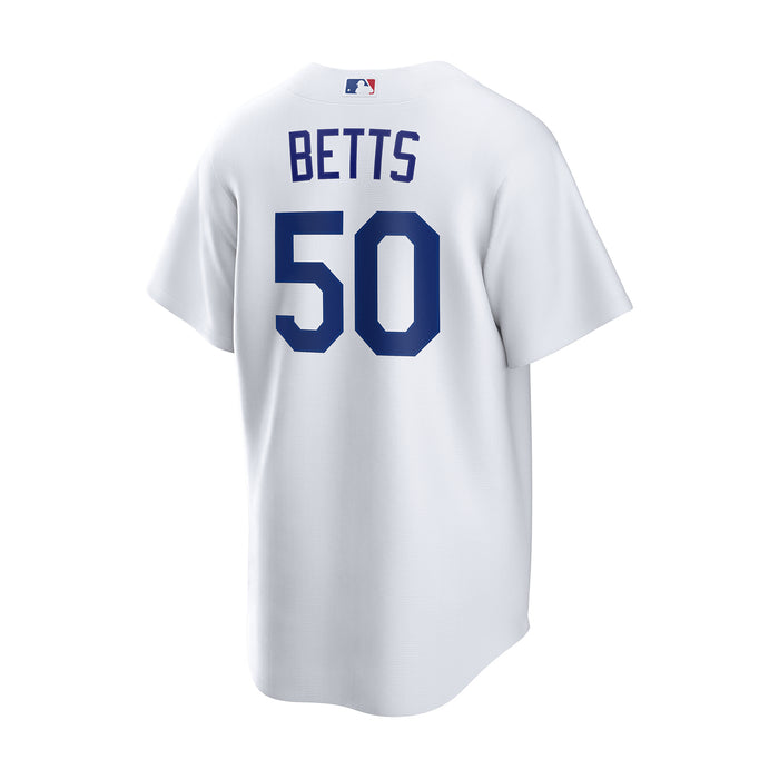 Men's white baseball jersey back, BETTS 50 with blue number panel