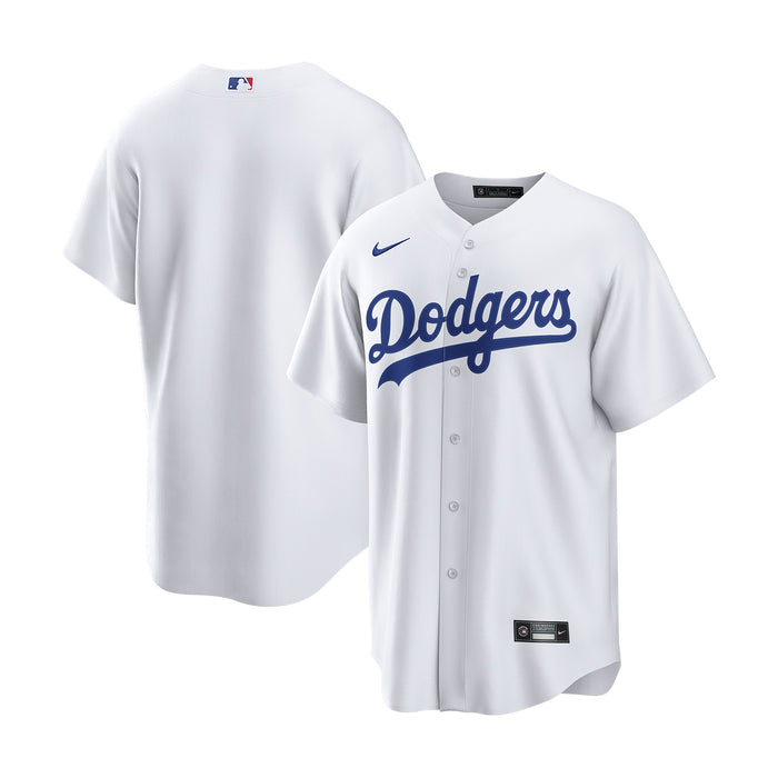 Men's Dodgers replica home jersey, white Nike logo, front button placket